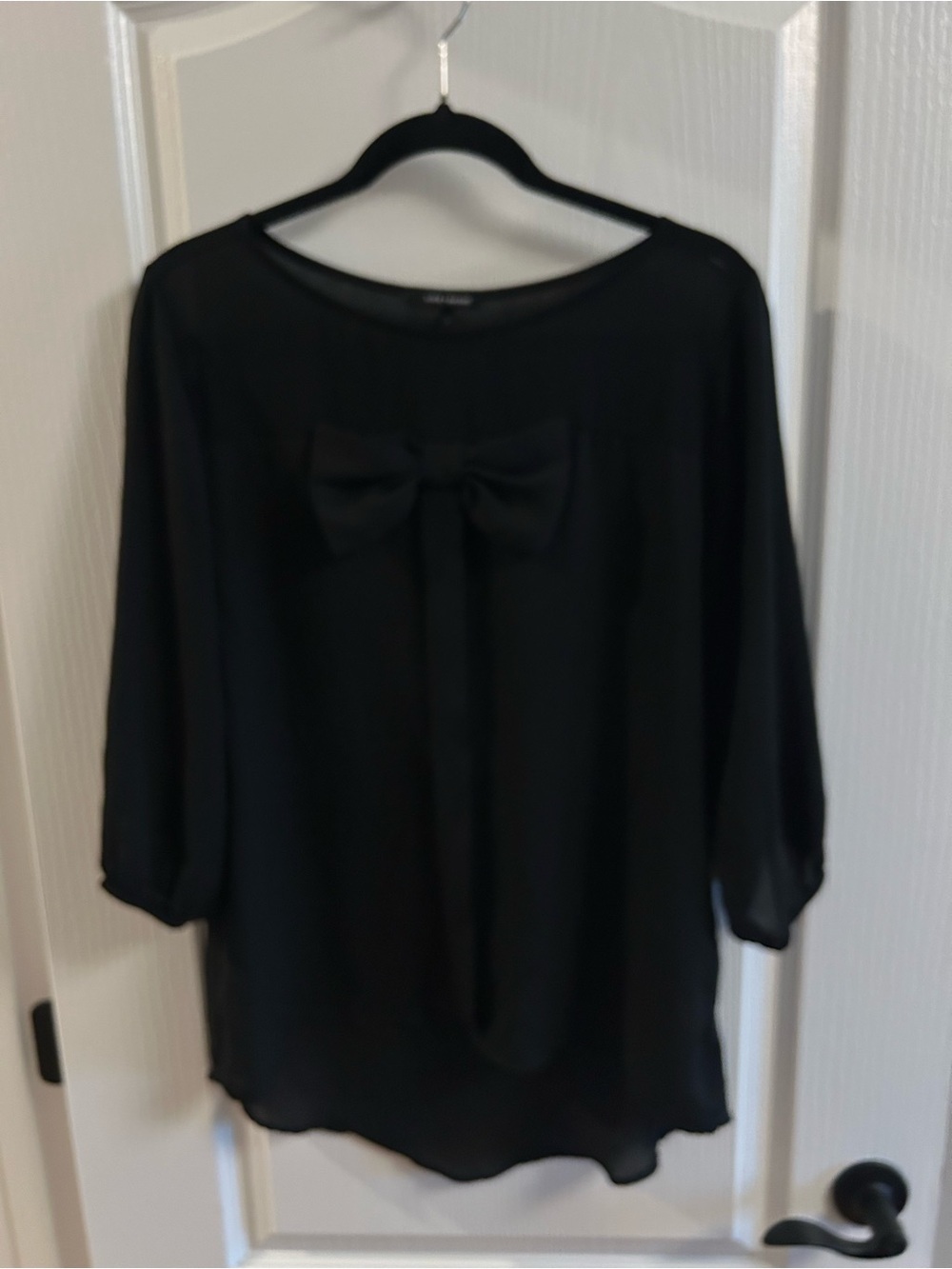 Women's Black Bow-Front Blouse - Lightweight Three-Quarter Sleeve Top